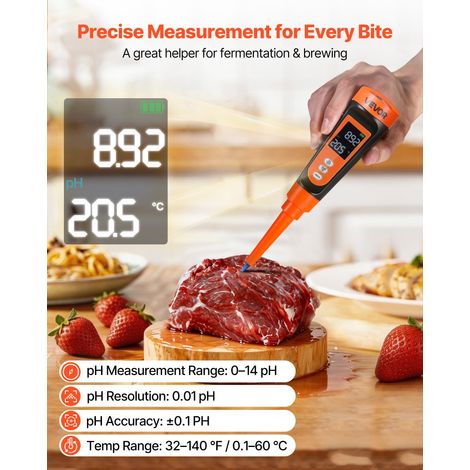 pH Mètre Alimentaire, Plage de Mesure 0-14 pH, Kit de Test Portable avec Sonde Étanche IP68 et ATC, Testeur pour Fermentation Alime… (1/5)