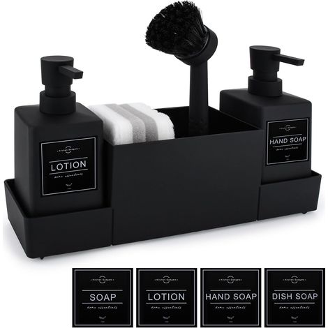 Distributeur Savon Noir - Ensemble 4 en 1 - Plastique Robuste - Pompe Manuelle Anti-éclaboussures - Cuisine et Salle de Bain - Compact (1/5)