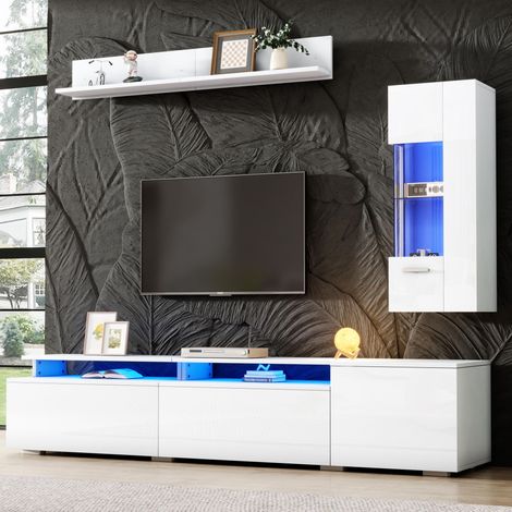 Ensemble de meubles TV muraux 3 pièces avec éclairage LED, finition laquée brillante, comprenant : 1 meuble TV, 1 vitrine, 1 étagère murale, compatible avec les téléviseurs jusqu'à 80 pouces, blanc