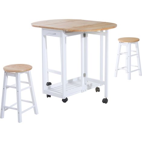 3 Pieces Dining Room Set, Mobile Foldable Dining Table and 2 Stools with Storage Shelf, 2 Drawers and 6 Wheels, Drop Leaf Bar Table and Stools for Home Kitchen Pub, White (1/5)