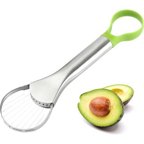 3-in-1 Avocadoschneider, Avocadoschäler und -entkerner aus Edelstahl, multifunktionales Küchenutensil mit grünem Kunststoffgriff