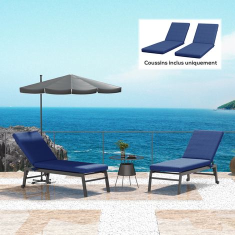 Ensemble de 2 matelas pour chaise longue/fauteuil de jardin avec sangles de fixation, bleus (1/5)