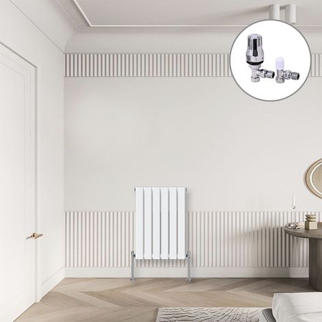 Flat Panel Designer Radiator White + Chrome Angled TRV Thermostatic Radiator Valves Horizontal 600x408mm Single (1/3)