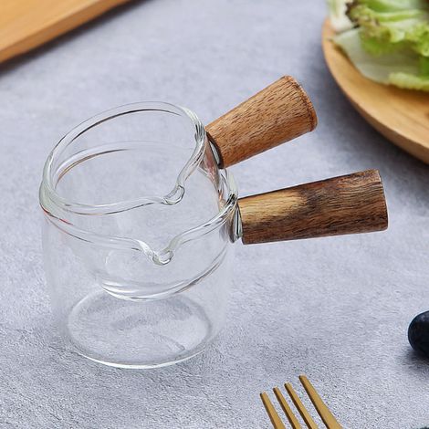 Mini-Messbecher, 50 ml, Glas – einzelner Ausgießer, Holzgriff, für Kaffee, Milch und Sahne, präzises und elegantes Barista-Zubehör für Zuhause