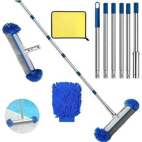 1 - Brosse De Piscine - Tige Télescopique - Nettoyage Murs Et Fonds - Acier Inoxydable - Pour Piscine Et Terrasse - Bleu - 45x230cm (1/5)