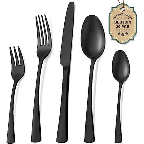 Bestdin Besteck Set 6 Personen, 30 teilig Edelstahl Besteckset Schwarz Matt, Essbesteck Set mit Messer Gabel Löffel, Hochwertiges Edelstahlbesteck, Spülmaschinenfest