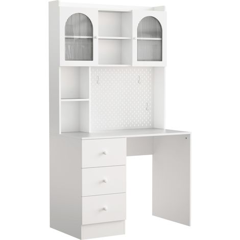 Weißer Multifunktions-Schreibtisch mit Regal, Glastüren, 3 Schubladen, 100 x 55 x 180 cm, MDF (1/5)