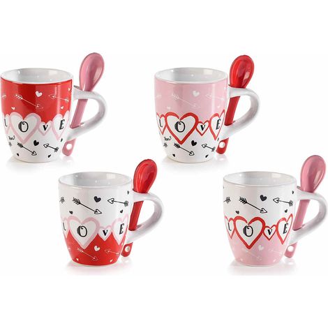Tazzine da caffè per San Valentino con stampa Love in porcellana decorata con cucchiaino coordinato, set da 8 pezzi, Ø5,5cmx7H (con cucchiaino8,5)