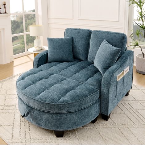 Sofa-Bett (132 x 129 x 93 cm), umwandelbar in Sofa, Chaiselongue und Kleinkindbett, mit Aufbewahrungshocker, Eukalyptusholz, Blau (1/5)