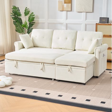 Divano angolare convertibile in ciniglia con contenitore, chaise longue reversibile, beige DESVIAE (1/5)