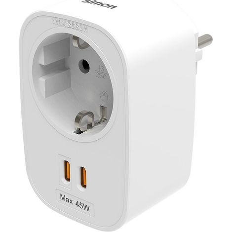 Adaptador combi schuko 2p+t 16a 230-250v50hz + 2 usb-c 45w, blanco