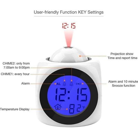 Projecteur d'horloge numérique au Plafond Rétro-éclairage à Piles Affichage LED Horloge de projecteur avec rétro-éclairage Alimenté par Piles Rotation du réveil (Blanc) (1/3)