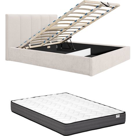 Lit coffre 180 x 200 cm avec tête de lit coutures verticales - Tissu - Beige - Avec matelas - KILACLO