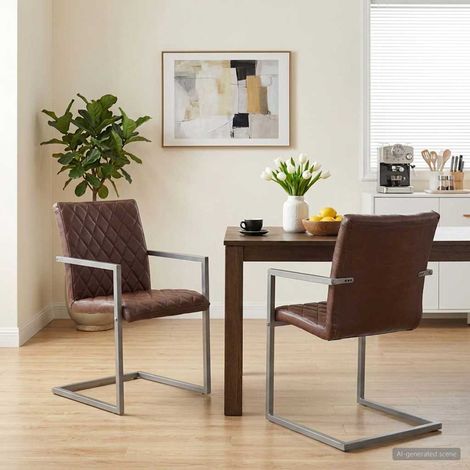 vidaXL Chaises à manger cantilever lot de 2 marron cuir véritable (1/5)