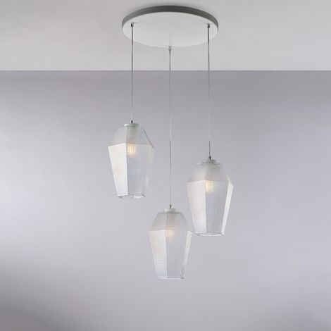 Suspension Prisma Fer Blanc, Câbles Réglables, Diffuseurs En Verre Soufflé Transparent Décor En Relief, 3 Lumières