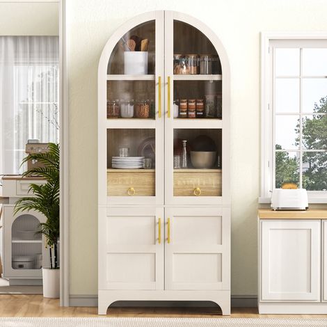 Buffet haut, portes en verre cannelé, étagères réglables, tiroirs, rangements vitrés et fermés, dessus arrondi, pour cuisine et salle à manger, blanc