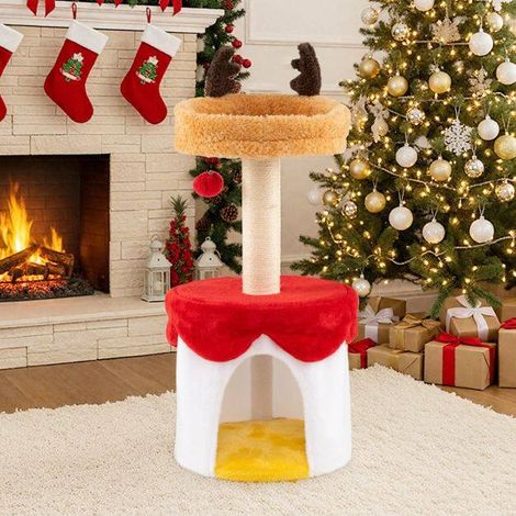 Design sapin de Noël, arbre à chat 80 cm avec niche, perchoir et griffoir en sisal pour intérieur (1/5)