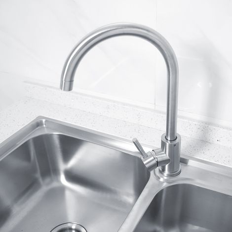 Mitigeur cuisine inox 304 anti-corrosion robuste pivotant 360° poignée unique eau chaude/froide modèle 2 avec 2 tuyaux 60cm (1/5)