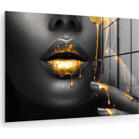 CUADRO DE METACRILATO Mujer - Negro - Oro - Cara - Labios Adornos Pared 90x60