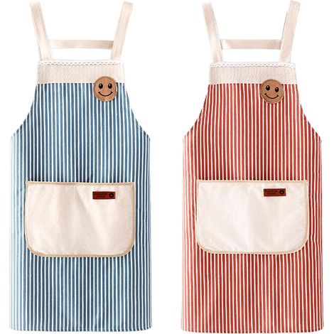Lot de 2 Tabliers de Cuisine Femme, Tablier en Lin et Coton, Réglable Chef Tabliers avec Poches pour Cuisine, Jardinage, Restaurant, Barbecue, Rayures (Rouge, Vert) (1/5)
