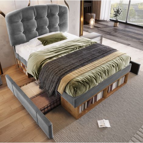 Bett 90x200 Bettgestell mit Stauraum Samt Grau OKMYHOME (1/5)