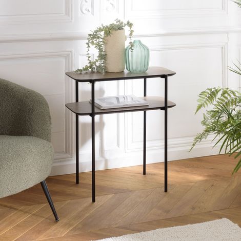 JULIA - Table d'appoint double plateau bois marron pieds métal noir (1/5)