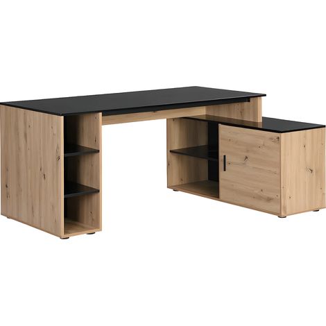 Vente-Unique – Bureau d'angle MDF laqué naturel et noir – 5 niches et placard intégré – Longueur 174 cm, Hauteur 76 cm, Profondeur 120 cm (1/5)
