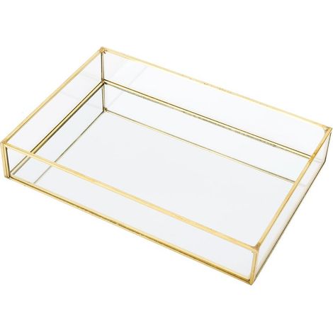 Boîte de rangement vintage en métal et verre, plateau doré, présentoir à bijoux et cosmétiques (grand format) (1/5)