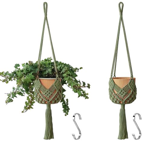 Lot de 2 suspensions murales avec Motifs, suspensions macramé pour Plantes intérieures et extérieures, jusqu'à 20 cm de diamètre, Vert foncé (1/5)