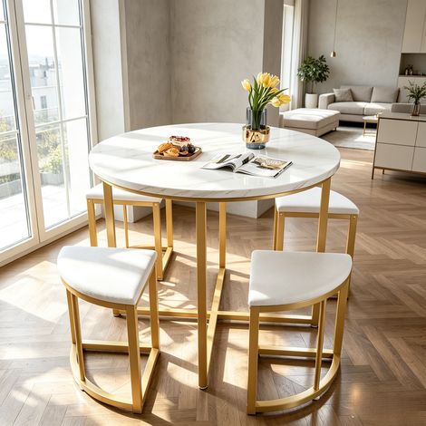 Ensemble de salle à manger 5 pièces – Table ronde 80 cm + 4 chaises en velours – Plateau MDF blanc – Cadre métallique doré – Design moderne et luxueux – 80×80×75 cm – Blanc (1/5)
