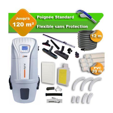 Aspirateur central SACH VAC Digital 1.8 kW garantie 4 ans + flexible rétractable 12 m standard + 7 accessoires + kit 1 prise RETRAFLEX + kit prise balai (rayon d'action 120 m2) (1/5)