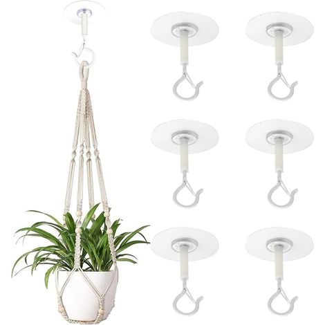 Lot de 6 Crochets Plafond Adhésifs, Crochet Mural Extra Fort jusqu'à 1,5 kg de Charge, sans Percer avec Verrouillage de Sécurité pour Plantes et Déco, Blanc.