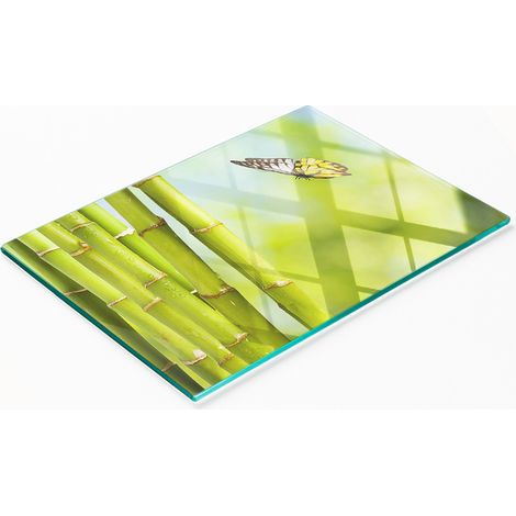 Tabla de cocina de vidrio templado con motivos decorativos de bamb煤 y mariposas, 80x52 cm.