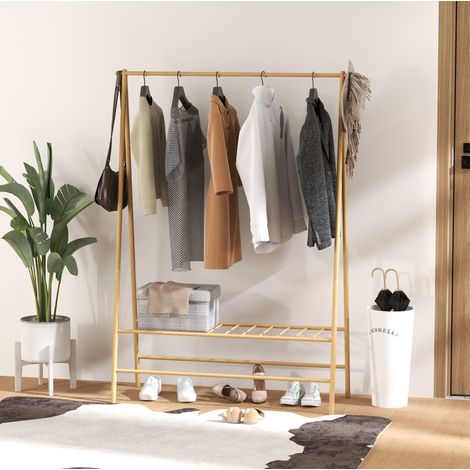 Appendiabiti in bambù con barra, 2 ganci e portascarpe, 116 x 43,5 x 160 cm, naturale DESVIAE (1/5)
