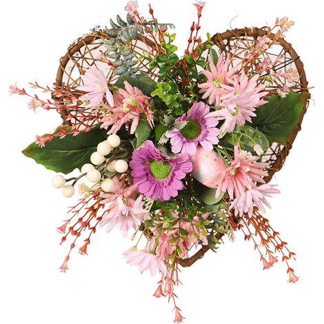 Hinweis: Dekorativer Ostereierkranz mit herzförmigen, geflochtenen Chrysanthemen aus Rattan, ohne Lichterkette (Materialien: Rattan- und Holzsockel, Stoffblumen, Schaumstoffverpackung für die Eier). M (1/2)