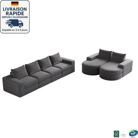 MODFU - Divano angolare con 2 poltrone reclinabili, componibile a libera combinazione, tessuto ciniglia, imbottitura in schiuma, grigio
