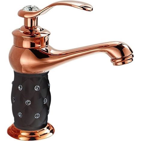 Robinet de lavabo monotrou, à poignée unique, robinet de lavabo de luxe, robinet d'eau chaude et froide (noir et or). (1/4)