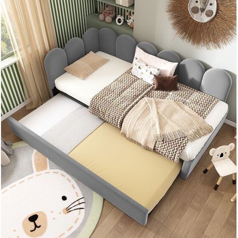 Lit banquette 90/200 cm gris en velours avec lit gigogne et sommier (1/5)