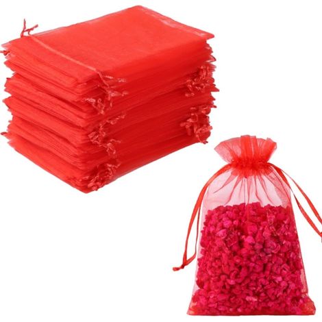 100 rote Organzabeutel, 17 x 23 cm, ideal zum Verpacken von Weihnachts- und Hochzeitsgeschenken, mit Kordelzug für Schmuck und Süßigkeiten