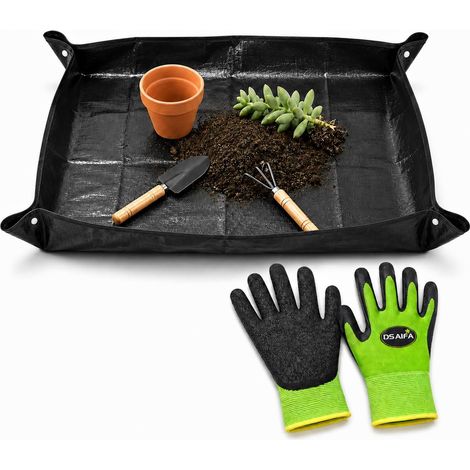 Tapete de plantación, 150 x 100 cm, con guantes de jardinería, impermeable y a prueba de fugas, plegable, para trasplantar, cambiar tierra y podar. (1/5)