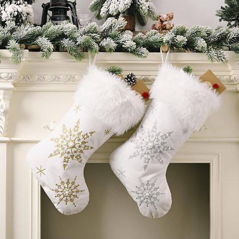 Lot de 2 grandes chaussettes de Noël en peluche à remplir et à suspendre, à placer dans une cheminée, une vitrine ou sur un sapin de Noël (50 x 25 x 27 cm) (1/5)