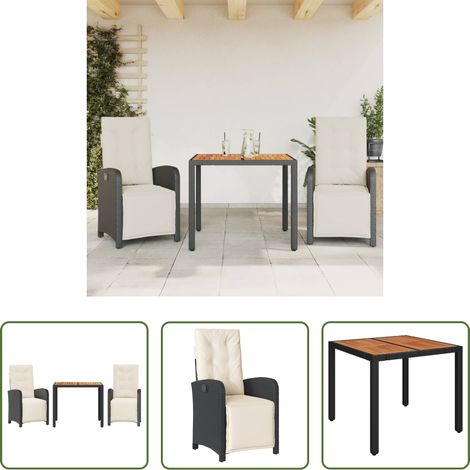 vidaXL Bistro-Set - 3-tlg. Bistro-Set mit Kissen Schwarz Poly Rattan (1/5)