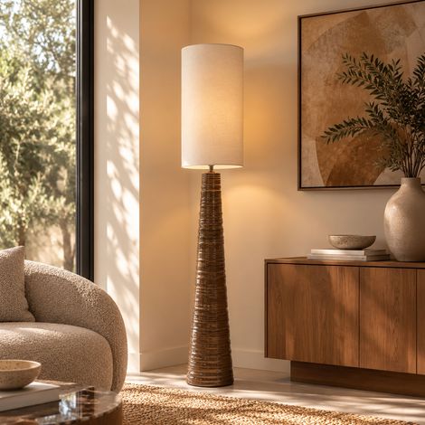 Lampadaire rond 30x180 cm en tissu et céramique marron (1/3)