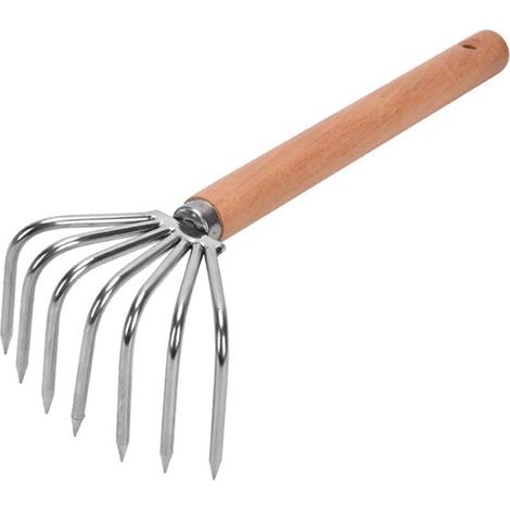 Rateau de Jardin, Rateau de Désherbage, Manche en Bois Petit Acier Léger Désherbage Rateau, Outils de Jardinage à Main, Rateau à Gazon, pour Scarifier, Rateler, Désherbage, Manche Long 7 Dents (1/5)
