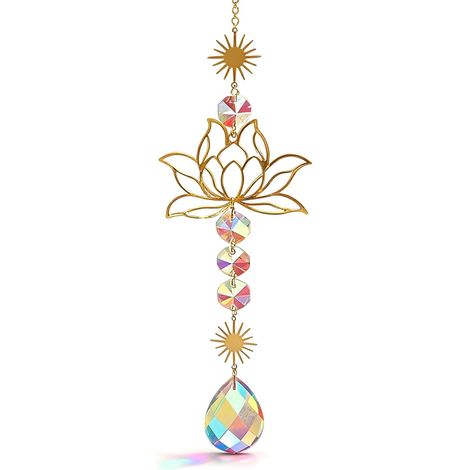 Acchiappasole in Cristallo, Elegante Acchiappasole per Finestra in Ottone e Vetro, Giostrina Lotus 41 cm per Soggiorno, Balcone e Giardino, Campanello Decorativo con Riflessi Colorati (1/5)