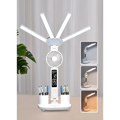 Lampe de bureau LED avec ventilateur, horloge, pliage réglable, porte-stylo, 3 niveaux de luminosité, interface de chargement USB (1/5)