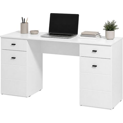 Schreibtisch Ziro, 2 Schubladen, 3 Regale, 2 Türen, 140x50x77h cm Mattweiß