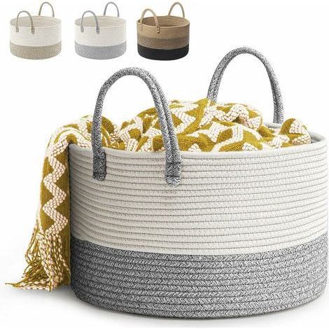 Corbeille à Linge en Coton Tissé D51 x H34 CM Panier de Rangement en Corde de Coton Pliage Grande, Capacité Corbeilles à Linge(Gris) (1/5)
