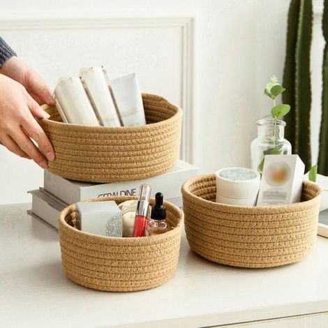 Petits paniers en corde tissée Ensemble de petits paniers ronds tissés, 3 pièces, panier de rangement pliable meuble casier (1/5)