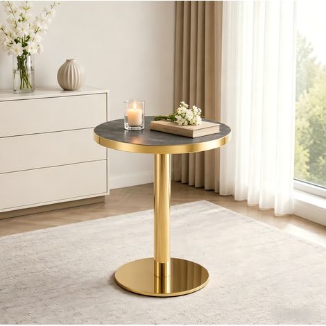 REDOM mesa auxiliar redonda, diseño moderno, base cilíndrica estable, tablero efecto mármol, MDF gris y dorado (1/5)